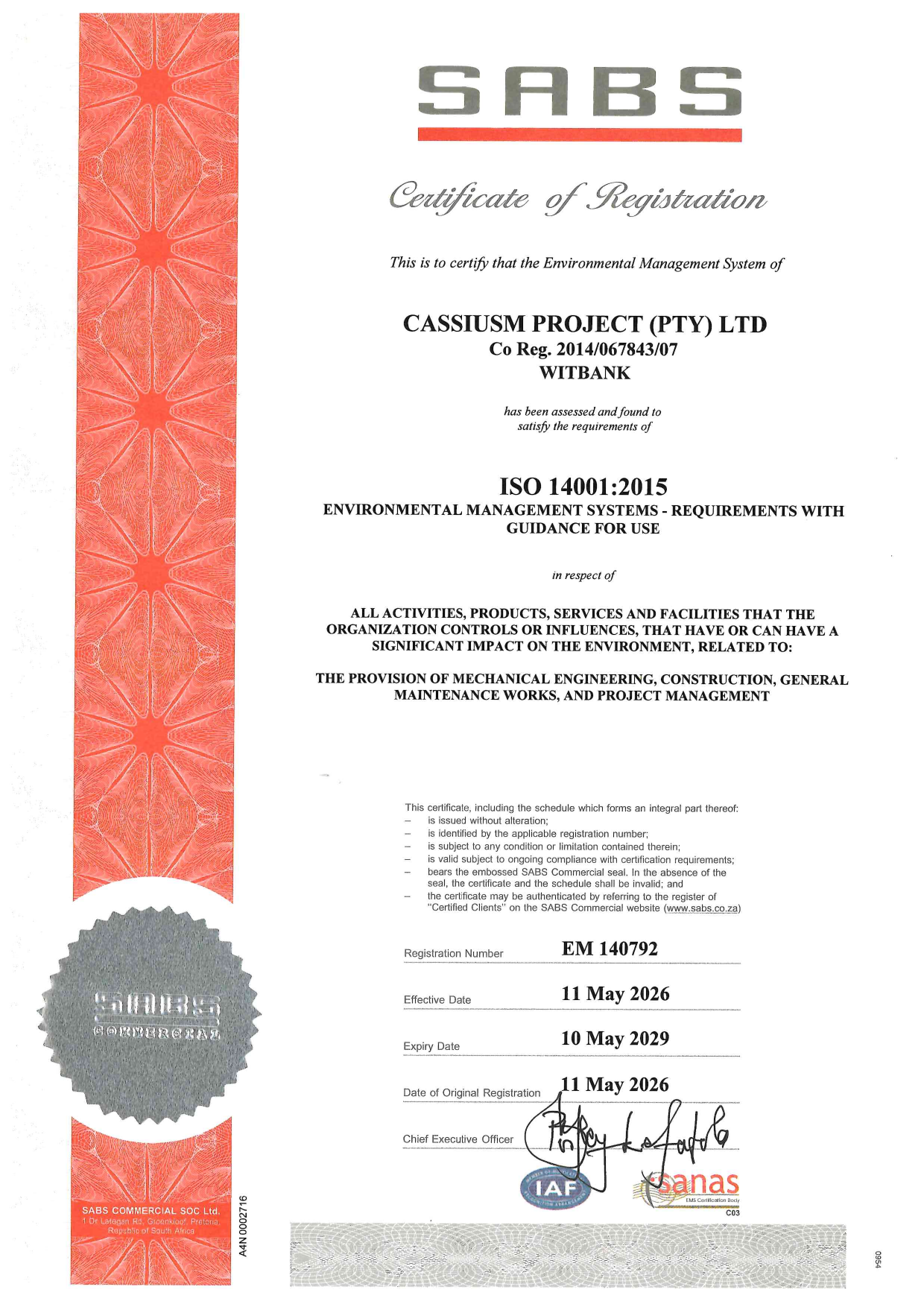 SABS ISO 14001:2015 certificate visual for CassiusM Project